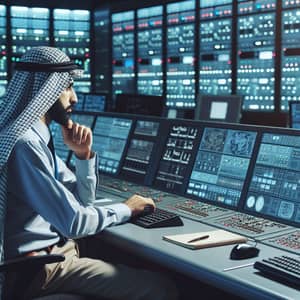 Middle-Eastern Man Monitoring Control Center Screens