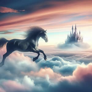 Majestic Horse Soaring in Ethereal Sky with Dream-like Castle