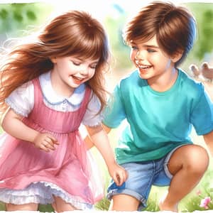 Watercolor Painting of Young Girl and Boy Laughing on Sunlit Meadow