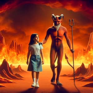 Hispanic Young Girl's Escape With Friendly Demon in Fiery Landscape