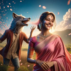 Graceful South Asian Woman in Pink Saree with Wolf-Headed Man in Scenic Landscape
