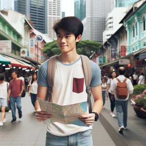 Asian Male Student Exploring Urban City | Travel Adventure