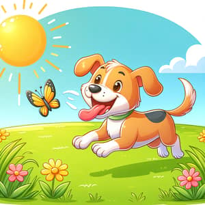 Happy Dog Running in Green Field with a Butterfly