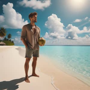 Tropical Island Man Enjoying a Fresh Coconut on White Sandy Beach