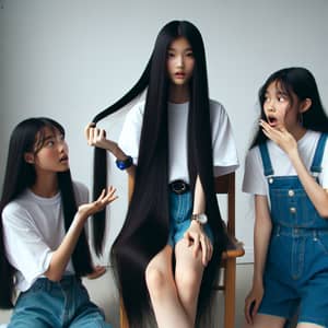 Asian Teenage Girls with Very Long Black Hair in Room