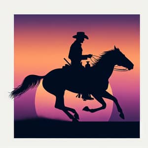 Cowboy Riding Horse Silhouette at Sunset | Old West Scene Art