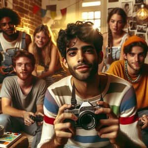 Young Millennial Guy Playing Retro Video Games with Friends on Birthday