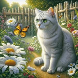 Cat in Garden Watching Butterfly - Enchanting Scene