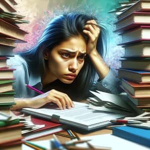 Stressed South Asian Woman Overwhelmed by Academic Research