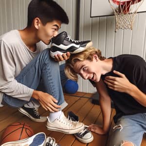 Teen Boys Smelling Sneakers Playfully