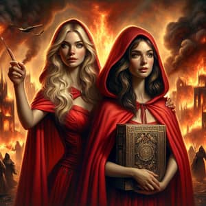 Women in Red Cloaks Amid Chaos: Symbolism of Knowledge and Mystery