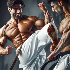 Hispanic vs Middle-Eastern Muscular Karate Practitioners Kicking Action