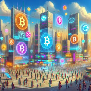 Futuristic Crypto-Powered Cityscape with Digital Currencies