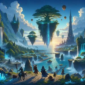 Fantasy RPG Scene with Floating Islands and Powerful Wizard