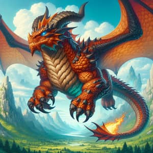 Majestic Fire Dragon Soaring Over Fantasy Landscape