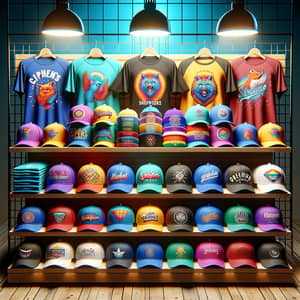 Creative Merchandise Rack with Shirts, Caps, and Mugs