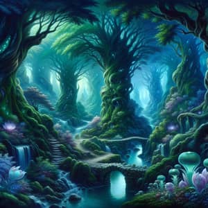 Enchanted Forest - Ethereal Beings, Magical Glow, Waterfall