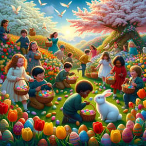 Easter 2024: Joyful Egg Hunt in Colorful Garden with Diverse Children and Bunny