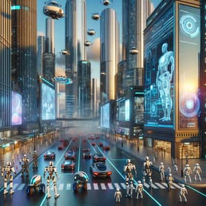 Futuristic Cityscape with Robots: Urban Future Spectacle