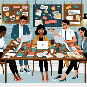 Diverse Group of Copywriters Collaborating in Modern Office