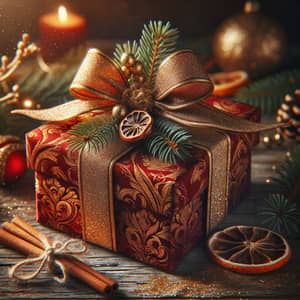 Elegant Christmas Present with Gold Details on Wooden Table