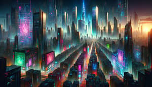 Cybernetic Cityscape: Vibrant Neon Skyscrapers & Cyberpunk Elements