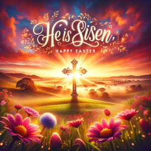 He is Risen, Happy Easter | Vibrant Sunrise & Cross Silhouette
