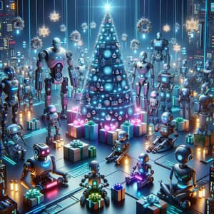 Futuristic Christmas Celebration with Robots in 2050