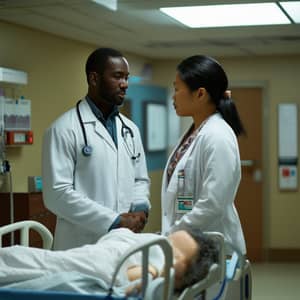Diverse Hospital Room: Black Doctor, Asian Nurse, White Patient