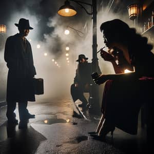 Mysterious Film Noir Scene with Asian Detective and Red Velvet Dress Woman