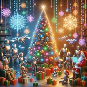 Festive Christmas Scene with AI Robots and Holographic Santa