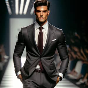 Hispanic Male Model Striding Down Runway in Stylish Suit