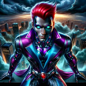 Male Black Supervillain with Red Spiky Hair Conquering City