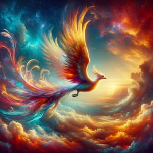 Majestic Phoenix Soaring with Iridescent Feathers in Ethereal Sky