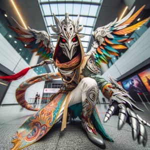 Middle-Eastern Mythical Creature Cosplayer: Vibrant Colors & Metallic Accents