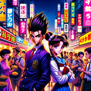 90s Style Anime Scene: Hispanic Male & Asian Female in Tokyo