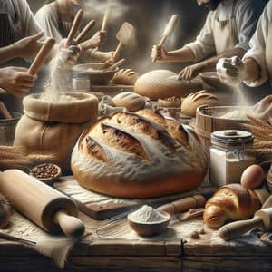 Rustic Bakery Scene with Diverse Bakers Kneading Dough
