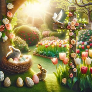Easter Garden Scene - Beautiful View with Tulips, Easter Eggs, and Cross