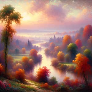 Impressionist Style Landscape Painting with Vibrant Trees and Winding River