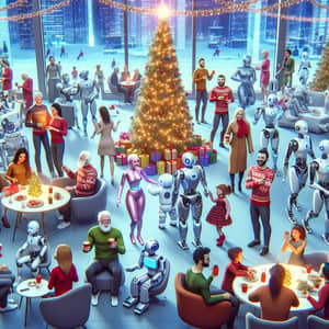 Futuristic Christmas Celebration with Humans and Robots in 2050