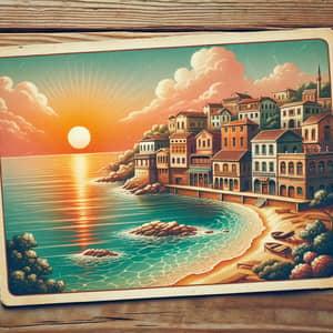 Vintage Coastal Town Sunset Postcard | Idyllic Seaside Illustration