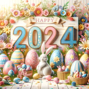 2024 Easter Celebration with Painted Eggs, Bunnies, and Flowers