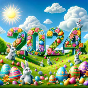 2024 Easter Sign and Bunnies - Vibrant Spring Scene