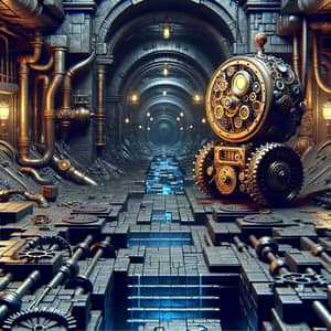 Steampunk Machine Explores Dark Sewer with Cogs and Gears