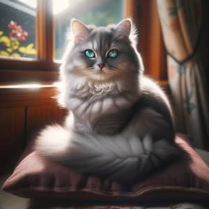 Fluffy Silver-Gray Cat with Emerald Eyes on Maroon Cushion