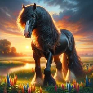 Majestic Horse in Tranquil Meadow at Sunset