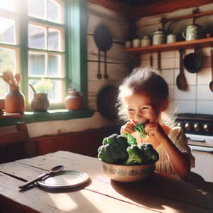 Young Caucasian Girl in Rustic Sunlit Kitchen Enjoying Fresh Broccoli