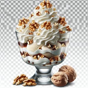 Delicious Ice Cream Sundae with Whipped Cream and Walnuts