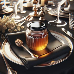 Elegant Jar of Honey on Fancy Restaurant Table
