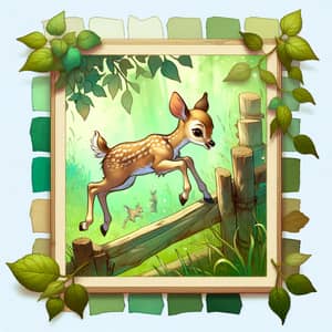 Playful Fawn Jumping Over Fence in Cartoon Style
